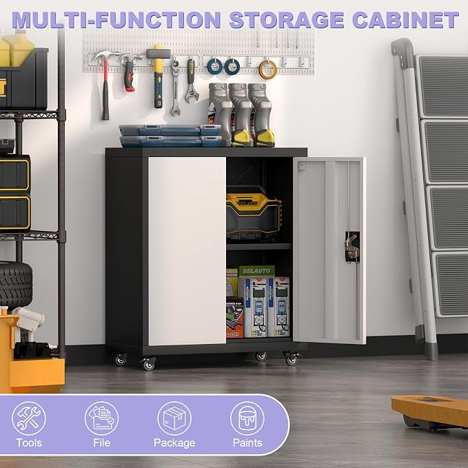 Metal Storage Cabinet with Wheels, Steel Mobile Garage Cabinets with Lockable - Image 6