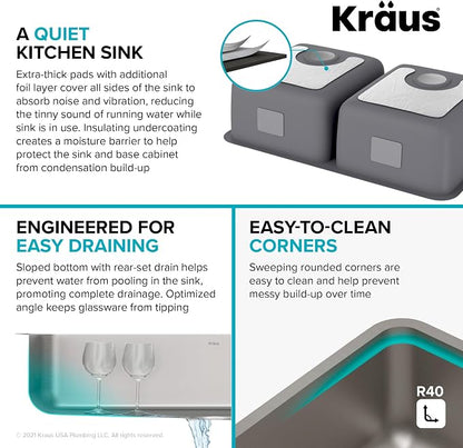 KRAUS Dex 33-inch Undermount 16 Gauge Stainless Steel Double Bowl Kitchen Sink - Image 6