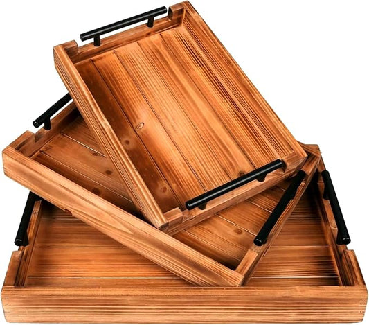 Coffee Table Tray Decorative Nested Vintage Wood Serving Tray Set by Juleduo
