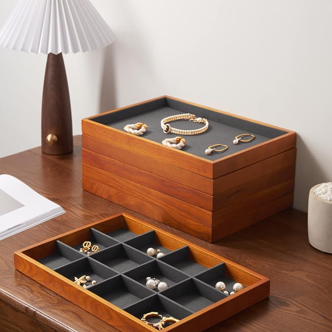 Oirlv 12 Grids Wood Jewelry Organizer Tray Stackable Jewelry Drawer Tray - Image 5