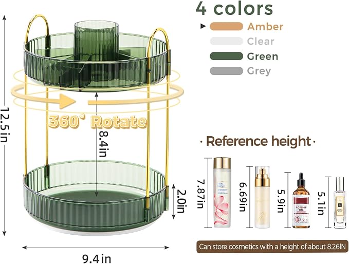 360° Rotating Makeup Organizer, Upgraded 2 Tier Skincare Perfume Organizers - Image 2