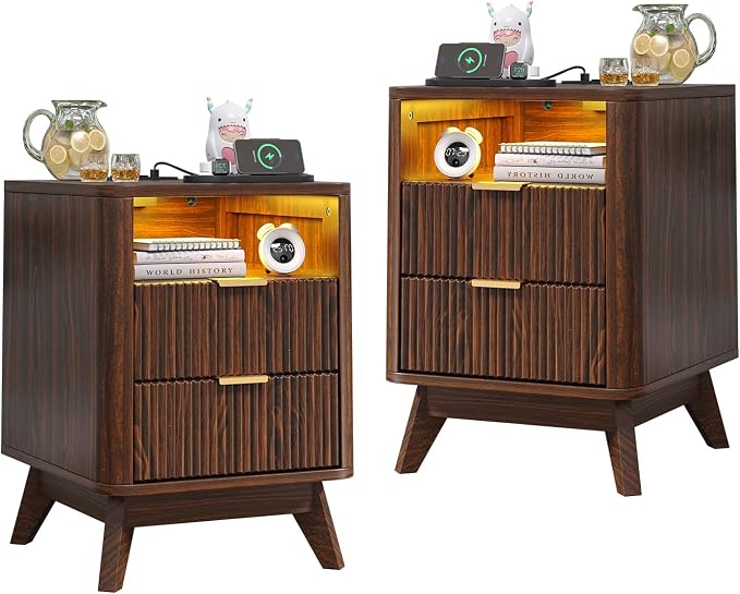 Nightstand with Charging Station, Fluted Nightstand with LED Lights, Modern by Airynee
