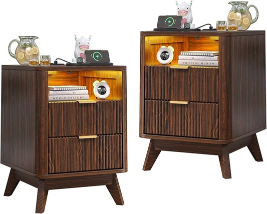 Nightstand with Charging Station, Fluted Nightstand with LED Lights, Modern by Airynee