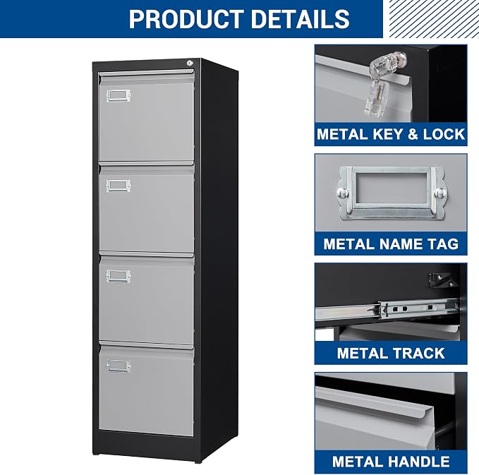 File Cabinets - 4 Drawers Vertical 17.8" Deep Lockable Filing Cabinet - Black & - Image 5