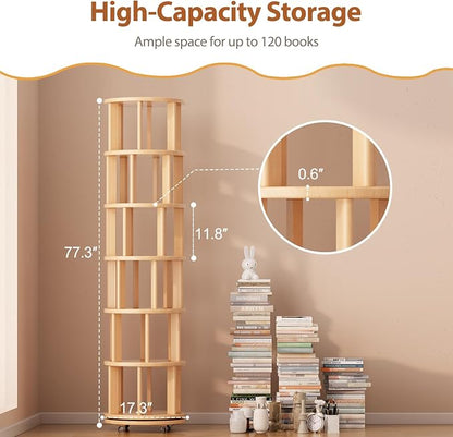 Solid Wood Rotating Bookshelf on Wheels, 6 Tier, Round Revolving Bookcase - Image 2