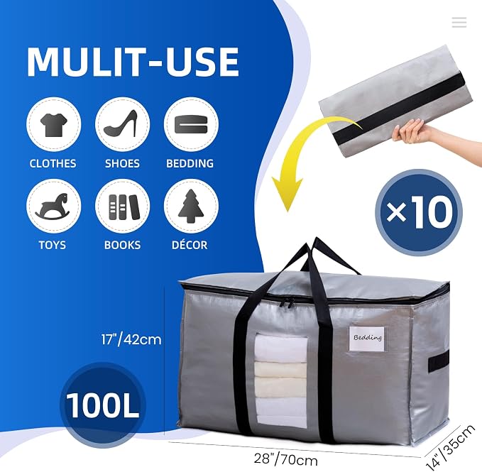 TAILI Extra Large Moving Bags, 10 Pack Silver Heavy Duty Totes - Image 2