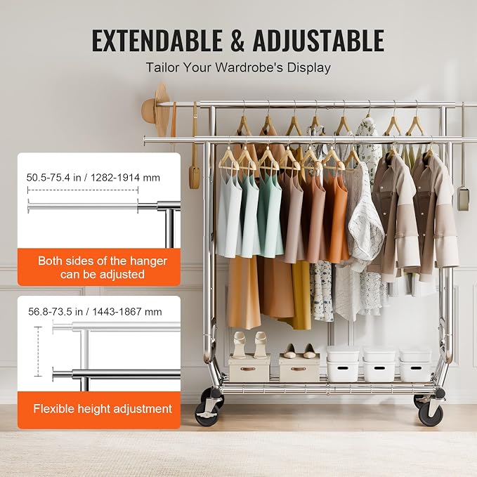 VEVOR Clothes Rack, Rolling Clothing Garment Rack, Extendable Carbon Steel - Image 3