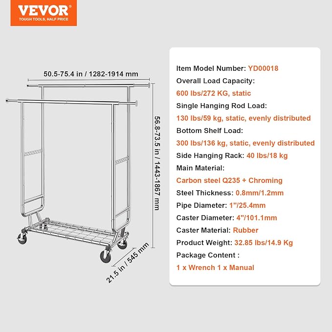 VEVOR Clothes Rack, Rolling Clothing Garment Rack, Extendable Carbon Steel - Image 7