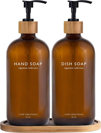 Vine Creations Amber Glass Soap Dispenser Set, Hand Soap and Dish Soap by VineCreations