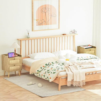 Rattan Nightstand with Charging Station, Mid Century Modern Bedside Side Table - Image 2