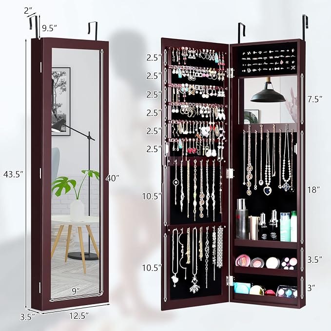 COSTWAY Full Length Mirror Jewelry Cabinet, Wall Door Mounted Jewelry Organizer - Image 6