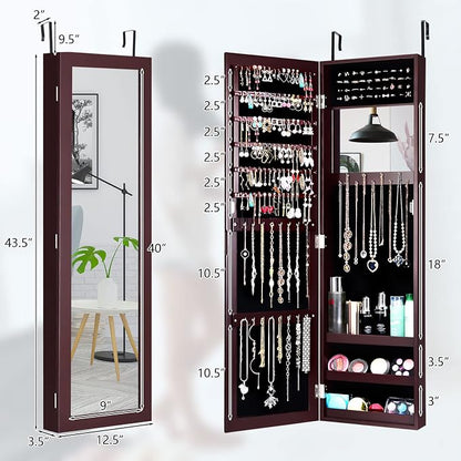 COSTWAY Full Length Mirror Jewelry Cabinet, Wall Door Mounted Jewelry Organizer - Image 6