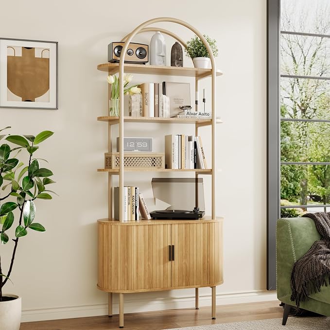 BREEZEHEAT Fluted Arched Bookshelf, 4-Tier Open Display Storage Shelf, and - Image 9