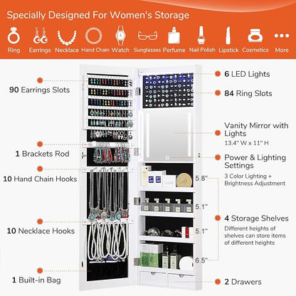 GISSAR Mirror Jewelry Cabinet, LED Wall Door Mount Full Length Jewelry Armoire - Image 4