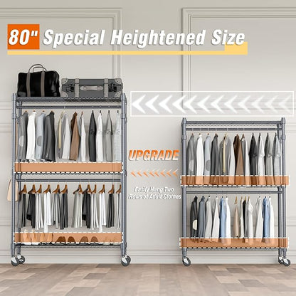 Homdox Rolling Clothes Rack Heavy Duty, 3-Tier Adjustable Wire Shelving Garment - Image 2