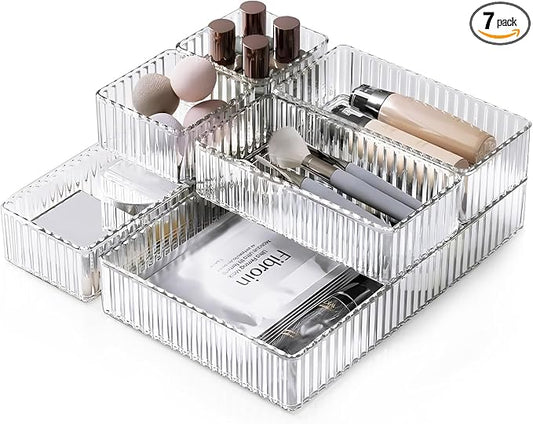 HOTOOLME 7PCS Clear Drawer Organizers Bins, 4 Size Stackable Makeup Drawer by HOTOOLME