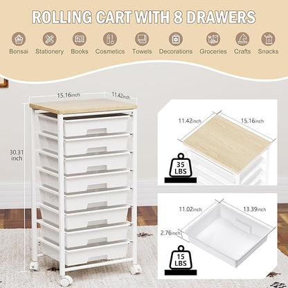 Rolling Cart with 8 Drawers, Storage Drawers Cart with Wooden Tabletop and - Image 2