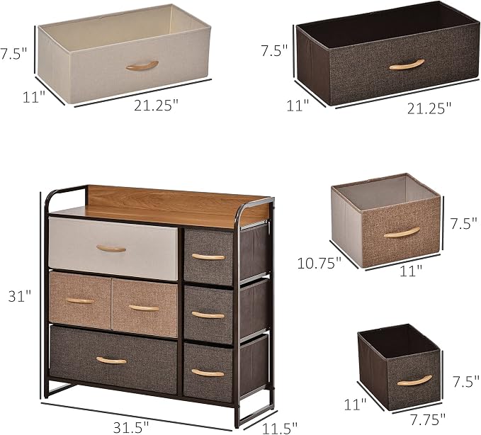 HOMCOM 7-Drawer Dresser, Fabric Chest of Drawers, 3-Tier Storage Organizer - Image 3