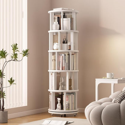 Solid Wood Rotating Bookshelf on Wheels, 5 Tier, Round Revolving Bookcase by Muwuele