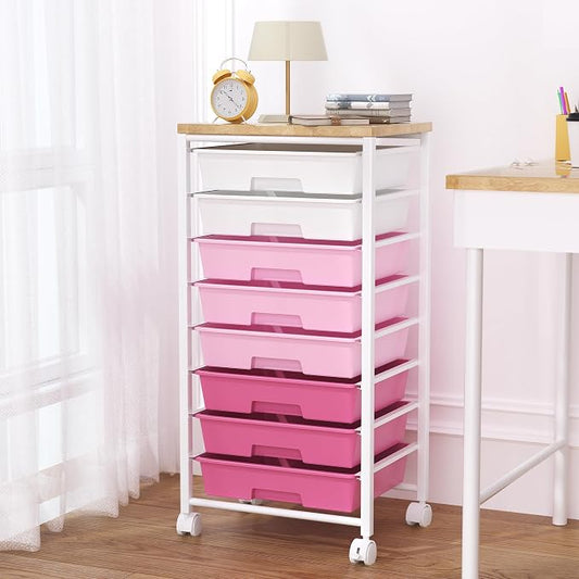 Rolling Cart with 8 Drawers, Storage Drawers Cart with Wooden Tabletop and by Unknown