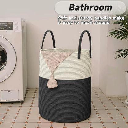 Large Woven Laundry Basket Hamper, 60L Cotton Rope Storage Bin - Image 5