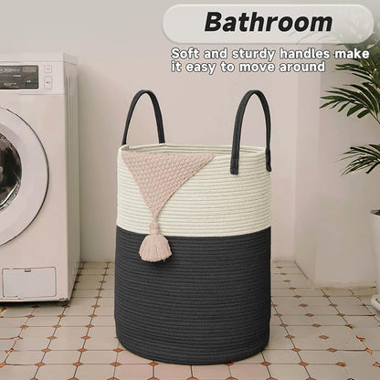 Large Woven Laundry Basket Hamper, 80L Cotton Rope Storage Bin - Image 5