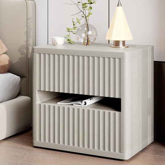 Dripex Fluted Nightstand with 2 Drawers, Large Wide Wood Night Stand Bedside by Dripex