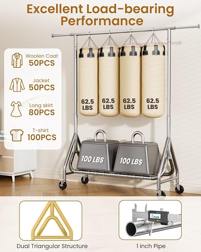 Heavy Duty Clothing Rack, Metal Clothes Rack Load 450 LBS, Rolling Coat Racks - Image 6