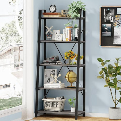 BON AUGURE 5-Tier Ladder Shelf, Industrial Leaning Bookcase, Wood and Metal - Image 2
