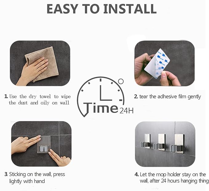 HANZE 4 Pack Stainless Steel Mop Broom Holder Organizer, Self Adhesive Wall - Image 6