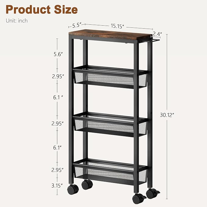 Hoctieon Slim Rolling Storage Cart, 4-Tier Narrow Kitchen Storage Cart - Image 7