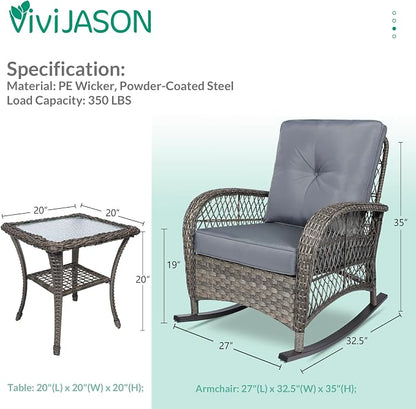 VIVIJASON 3-Piece Outdoor Conversation Bistro Set, Patio Wicker Rocking Chairs - Image 6