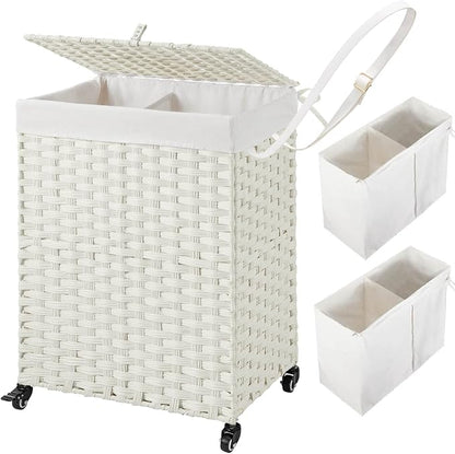 Greenstell Laundry Hamper with Wheels, No Install Needed, 90L Divided Handwoven by Greenstell