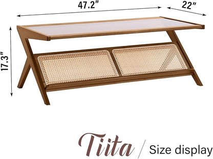 Tiita Rattan Coffee Table, Bamboo Accent Bedside Tables, Glass Nightstand Side - Image 3