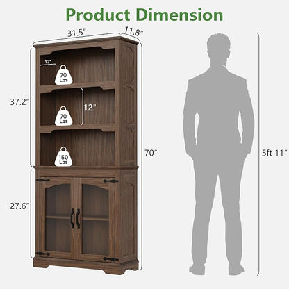 70 Inch Farmhouse Bookcase, Walnut Two-Tone Shelves, 5 Tier Bookshelf - Image 2