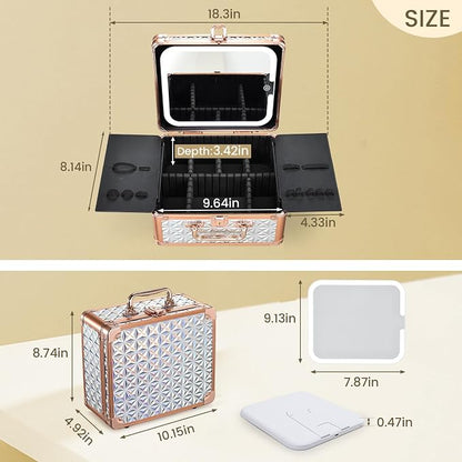 Makeup Train Case with Magnetic LED Mirror Makeup Organizer Box Travel Cosmetic - Image 6