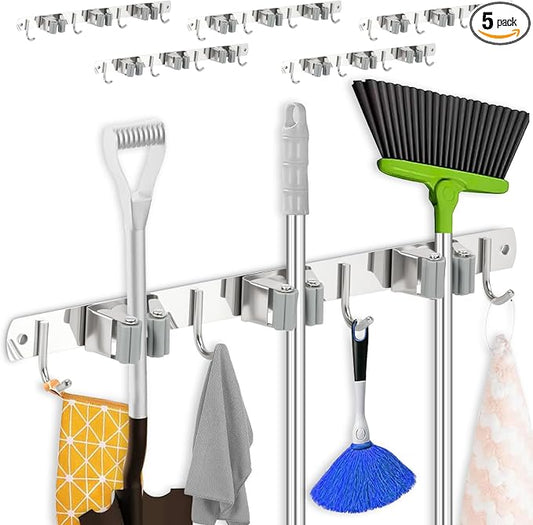 5 Pack Broom Holder Wall Mount 3 Racks 4 Hooks Stainless Steel Broom Mop Holder by TKSDWBLTY