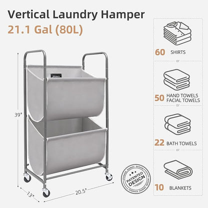 STORAGE MANIAC 80 Liters Vertical Rolling Laundry Hamper, 2 Section Laundry - Image 6