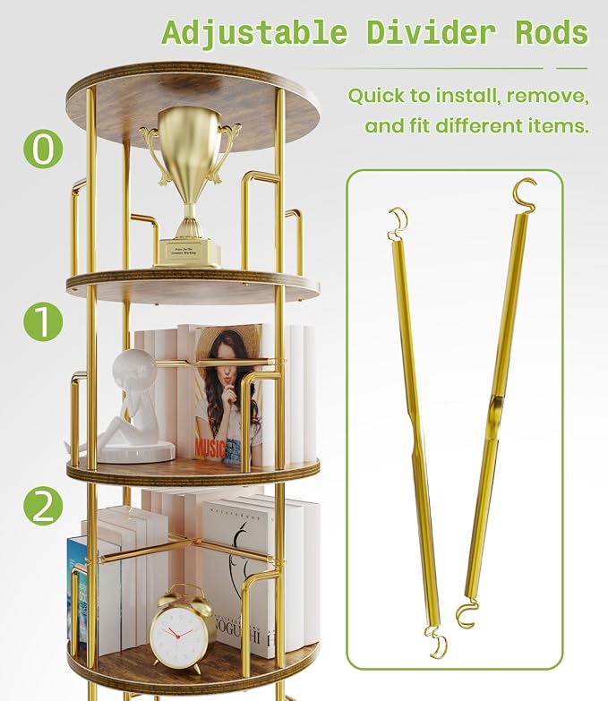 4 Tier Rotating Bookshelf Tower Round Gold, 50” Floor Standing Spinning - Image 4