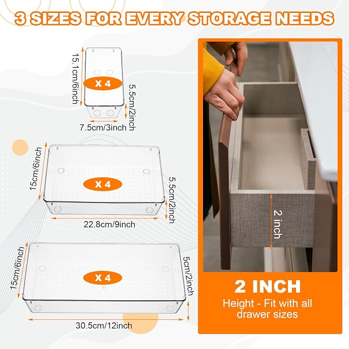 12 Pcs Clear Plastic Drawer Organizer, Kitchen Bathroom Fridge Utensil Vanity - Image 2