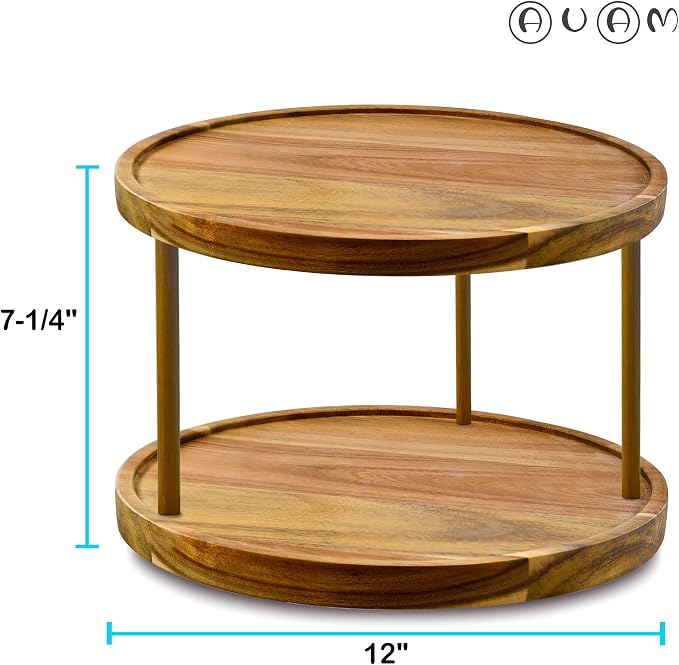 12" Two-Tier Acacia Wood Lazy Susan Organizer Kitchen Turntable - Image 3