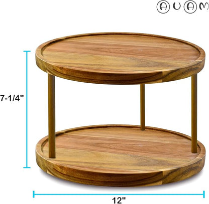 12" Two-Tier Acacia Wood Lazy Susan Organizer Kitchen Turntable - Image 3