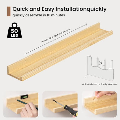 Picture Ledge Shelf, Solid Pine Wood Floating Shelves Set of 2, 24 Inches - Image 5