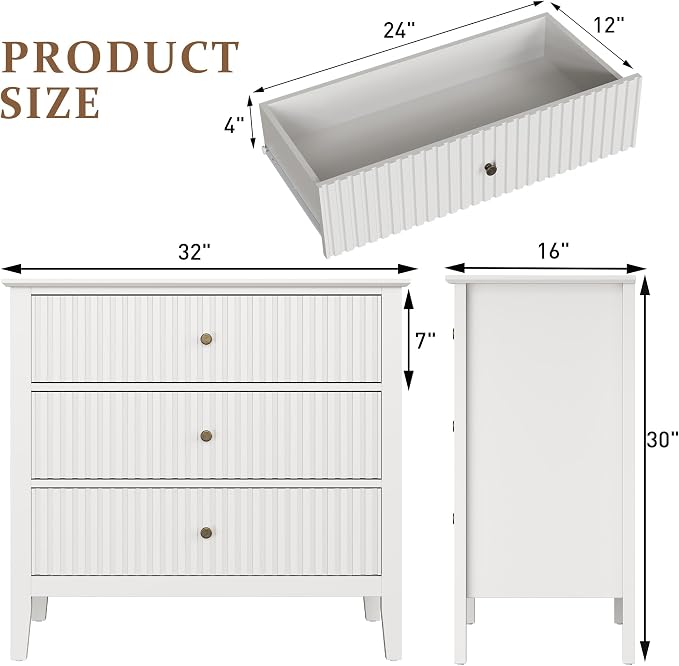 RoyalCraft White Fluted 3 Drawer Dresser, 32 inch Wide Dresser Nightstand - Image 2