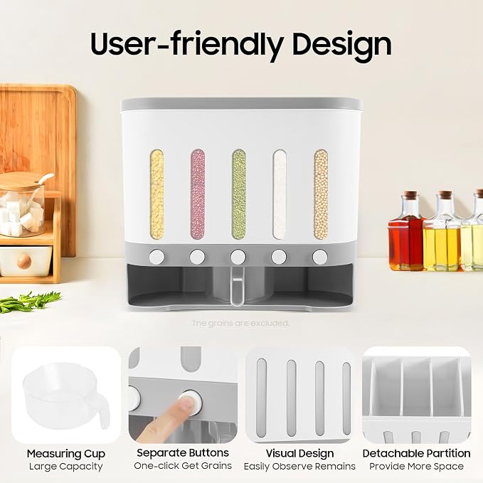 5 Grids Dry Food Dispenser, Wall mounted Rice Storage Dispenser Cereal - Image 5