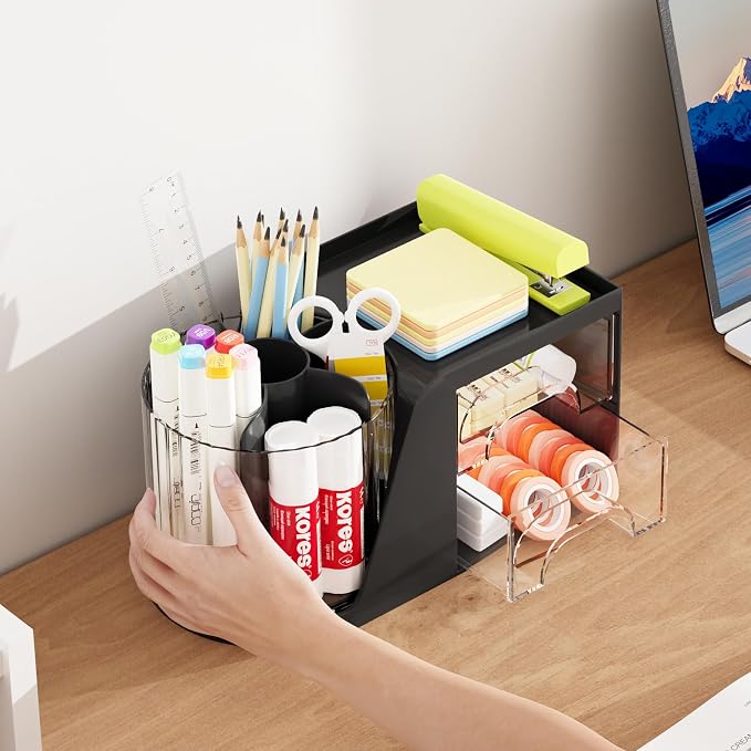Marbrasse Desk Organizer with 2 Drawer, 360°Rotating Pen Holder, Desk - Image 6