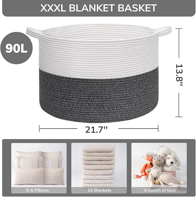 INDRESSME XXXLarge Cotton Rope Basket 21.7" x 21.7" x 13.8" Woven Baby Laundry - Image 3