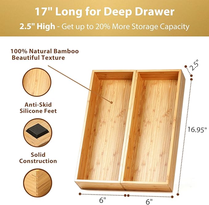 Umilife Bamboo Kitchen Utensils Organizer, Extra Long High Silverware Drawer - Image 2