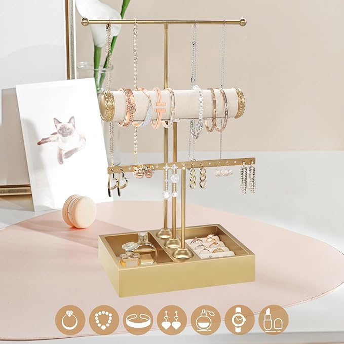 Jewelry Organizer Stand Necklace Organizer Earring Holder, 3-Tier Gold Jewelry - Image 2