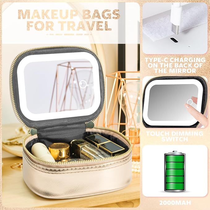 Small Makeup Bag with Led Mirror, Mini Travel Make up Bag 3 Light Modes - Image 3